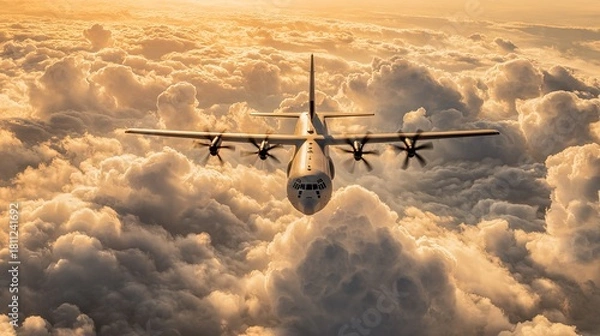 Fototapeta Propeller airplane flying above golden clouds, with sunset light in sky, front view