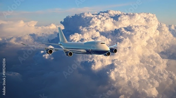 Fototapeta Cargo airplane flying above clouds, with blue sky in background, side view