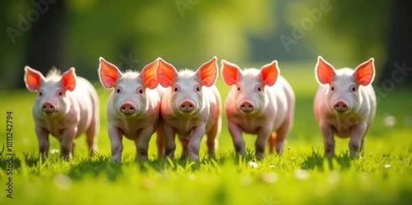 Fototapeta A herd of pink pigs stand in a grassy field, sunlight dappled , field, swine