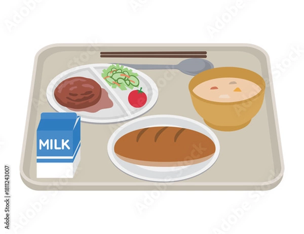Obraz 給食　ハンバーグ　シチュー　コッペパン　牛乳　イラスト