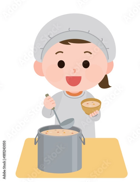 Obraz 給食当番でシチューを盛り付ける女の子　イラスト