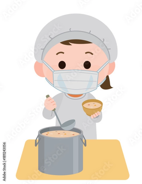 Obraz 給食当番でシチューを盛り付ける女の子　マスク装着　イラスト