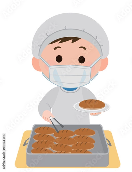 Obraz 給食当番でパンを盛り付ける男の子　マスク装着　イラスト