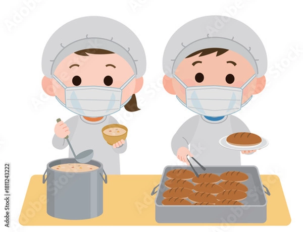 Obraz 給食当番で盛り付ける女の子と女の子　マスク装着　イラスト