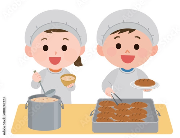 Obraz 給食当番で盛り付ける女の子と女の子　イラスト