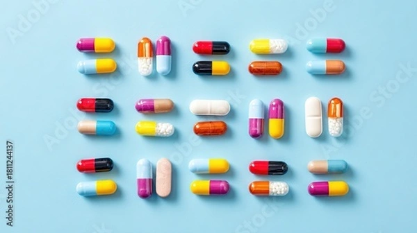 Fototapeta Colorful pills and capsules, assorted shapes and hues, on a light blue background, top view, copy space.