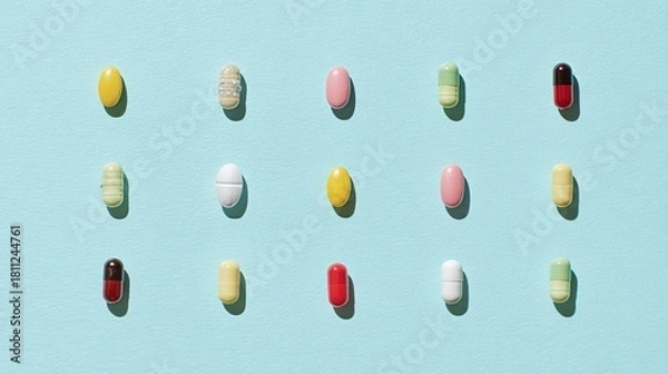 Fototapeta Colorful pills and capsules, various shapes and hues, on a light blue background, top view, copy space.