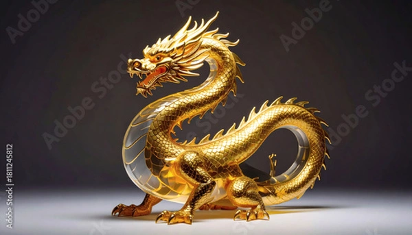 Fototapeta Golden Dragon Statue with Crystal Body on Studio Background