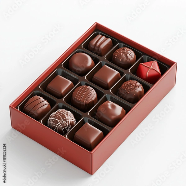 Fototapeta Assorted Chocolate Pralines in Red Box. Gourmet Chocolate Selection in Gift Packaging. Luxury Chocolate Pralines Collection