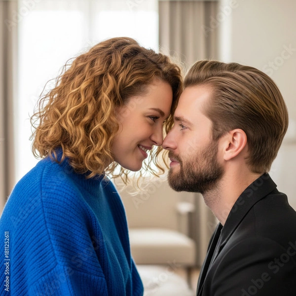 Obraz Smiling couple sharing tender intimate moment in a bright home
