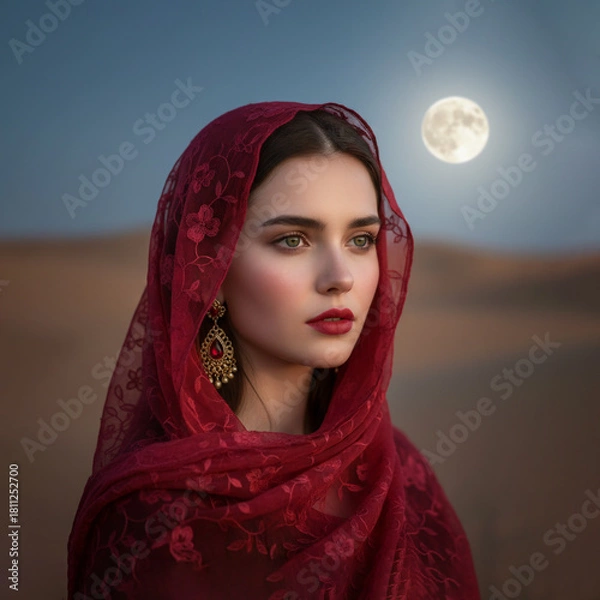 Obraz Woman in red headscarf gazing at the desert moon at twilight