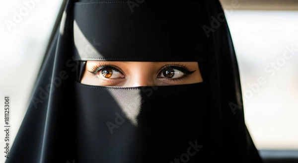 Obraz Close-up of a woman's mysterious brown eyes wearing a black niqab