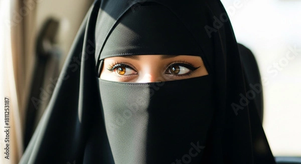 Obraz Close-up of a muslim woman's expressive eyes wearing a black niqab