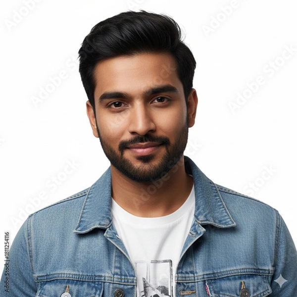 Obraz Young confident man with beard smiling in casual denim jacket