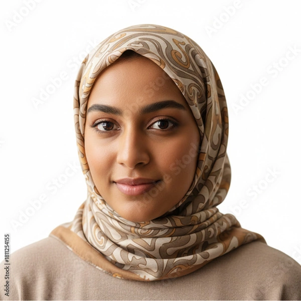 Obraz Young south asian woman in elegant patterned hijab looks at camera