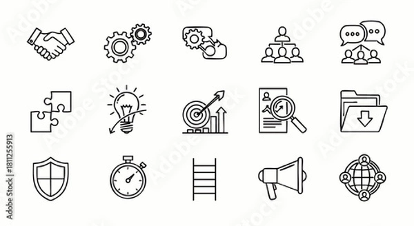 Fototapeta A collection of business and management icons, representing teamwork, problem-solving, and strategic planning, all depicted in a clean, modern, and easily understandable line art style.