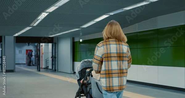 Fototapeta Young mother gently pushing baby stroller, navigating urban subway station platform with care and confidence during daily commute