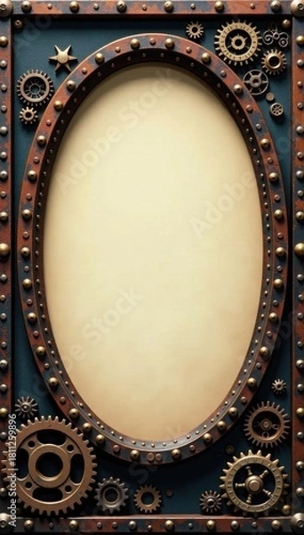 Fototapeta Circular metallic frame, vintage gears & cogs Retro industrial design , sprocket, factory, bronze