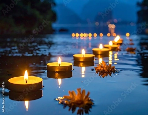 Fototapeta Floating candles illuminate calm water at dusk with floral accents, reflecting light in a tranquil ambiance