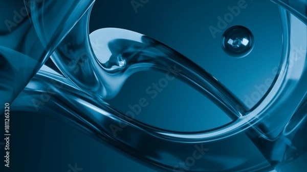 Fototapeta Fluid liquid blue glass shapes and spheres abstract background. 3d illustration