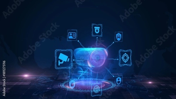 Obraz Futuristic CCTV Security Technology Network with Digital Interface in a Virtual Dark Environment