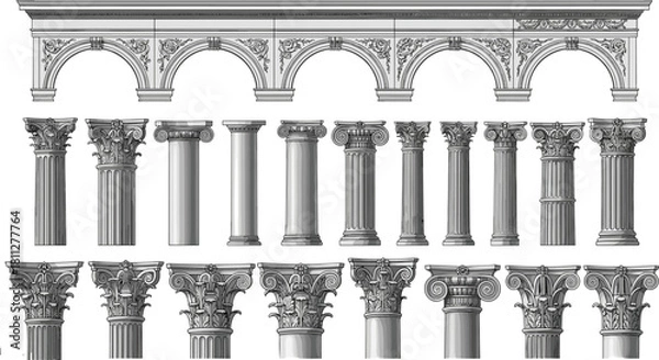 Obraz Classic Roman and Greek Column Vector Set, Ancient Architectural Pillars, Arches, and Ornamental Capitals for Building Design Elements.