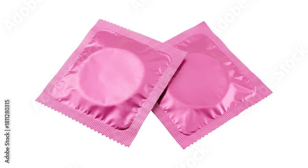 Fototapeta Two pink condom packages displayed diagonally isolated on transparent background