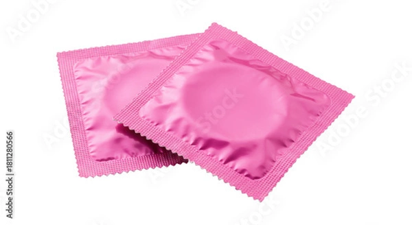 Fototapeta Pair of pink condom wrappers overlapping on a transparent background for safe sex