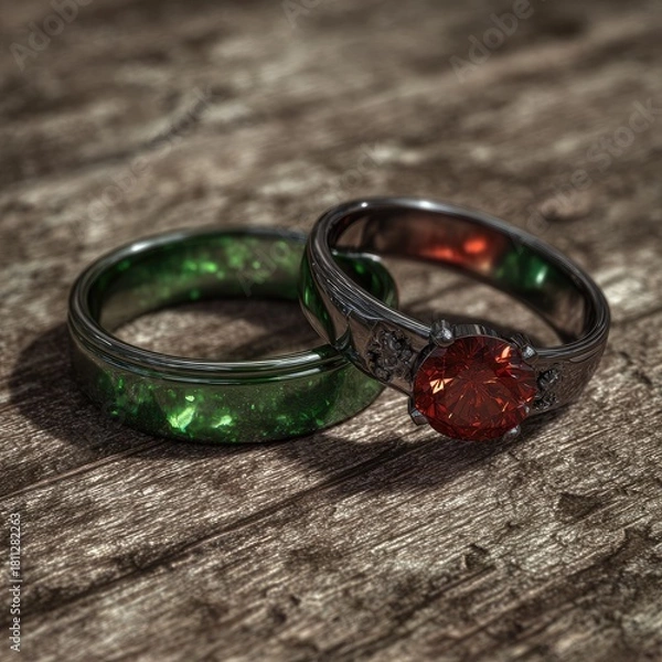 Fototapeta Ornate red-jeweled ring & green ring on rustic wooden surface