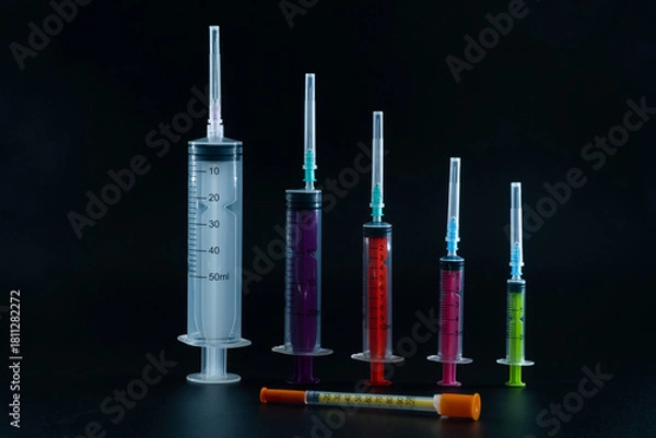 Fototapeta A composition of various size syringes on a dark background, highlighting themes of measurement, vaccination, and lab work.