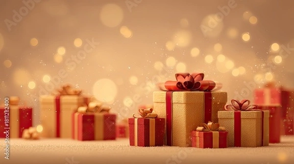 Obraz Festive gift boxes, red ribbons, gold paper, soft focus background