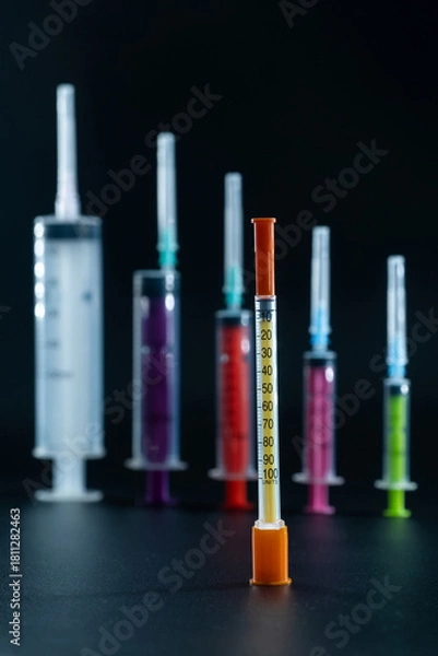 Fototapeta Thin insulin syringe contrasts with the bulkier syringes used for other medical procedures.