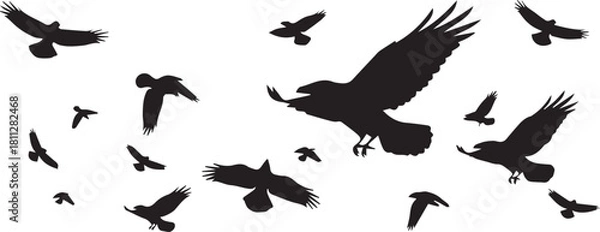 Obraz A collection of various sized black bird silhouettes are scattered across a white background, appearing to fly.