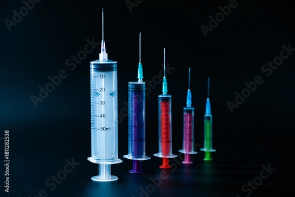Fototapeta A vibrant lineup of various-sized syringes on a dark background, representing pharmaceutical research, vaccination, and therapy.