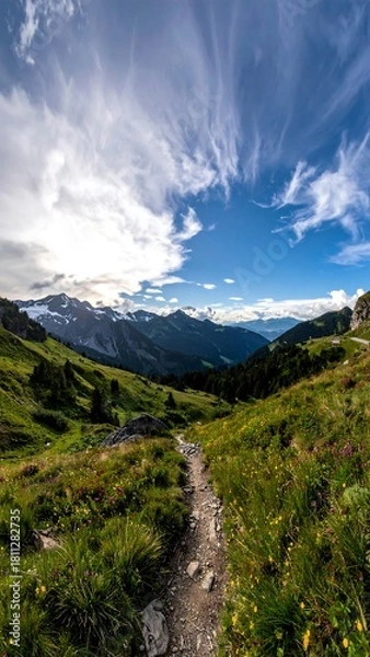 Fototapeta Rocky mountain path winds through green alpine meadow under a dramatic sky.