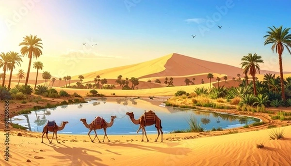 Fototapeta Arabian desert landscape with camel background. Sahara with sand, palm and oasis draw 