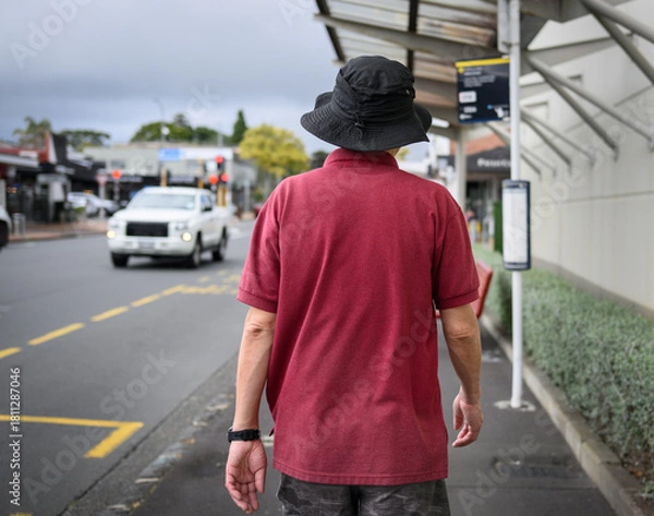 Fototapeta Senior man walking towards bus stop. Bus timetable on the post. Auckland.