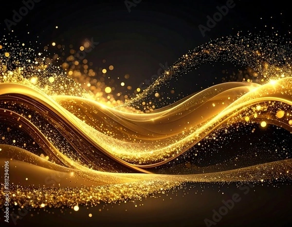 Fototapeta Flowing, golden waves cascade across a dark background, interspersed with sparkling particles, creating a sense of luxury and elegance