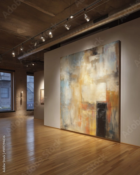Obraz Bright modern gallery loft with concrete ceiling, large abstract painting, steel-frame windows and polished wood floor