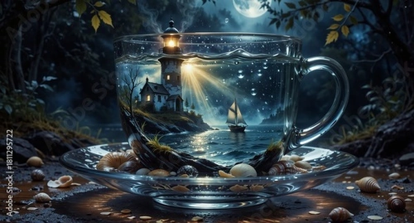 Obraz magical lighthouse seascape inside a clear teacup with seashells and dreamy moonlight background.