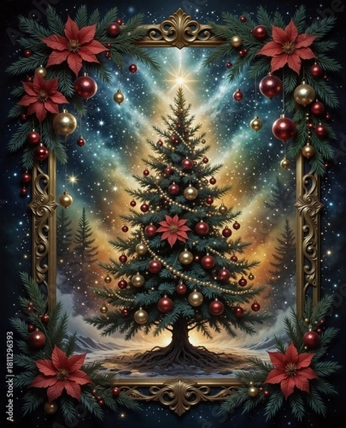 Obraz magical christmas tree with ornaments and poinsettias against a starry night sky in an ornate frame.