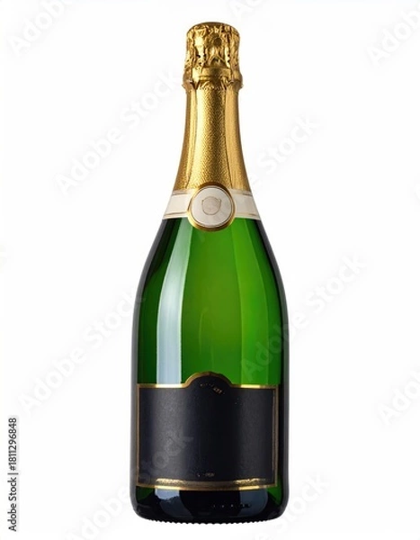 Obraz Green bottle with gold foil top and blank black label