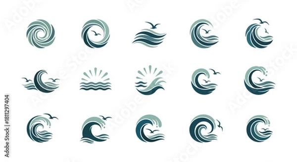 Obraz A conceptual collection of stylized ocean wave and sea storm symbols for logos