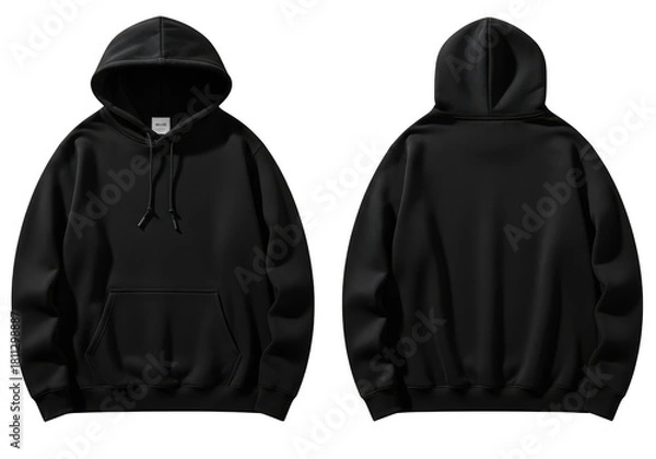 Fototapeta Front and back view of a plain black pullover hoodie sweatshirt with drawstring and kangaroo pocket, isolated on transparent background