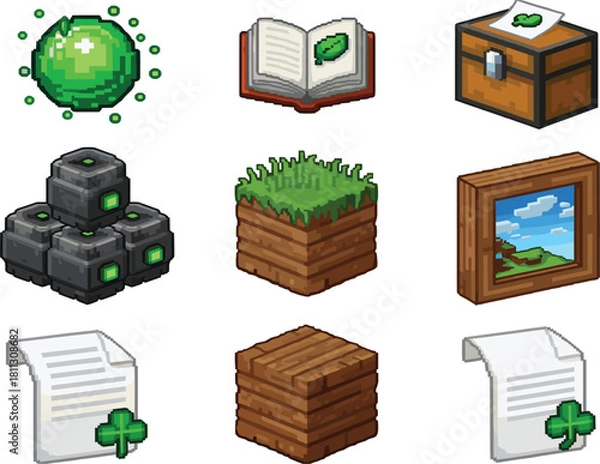 Obraz Isometric pixel art game icons set, magic orb, treasure chest, wood blocks, terrain, video game assets, isolated vector collection