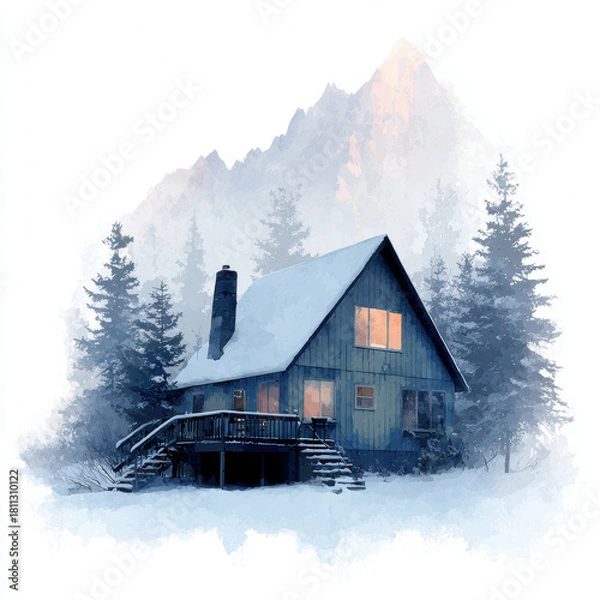 Obraz Snow covered cabin with warm glowing windows surrounded by pine trees and misty mountain in background, creating peaceful and cozy winter atmosphere