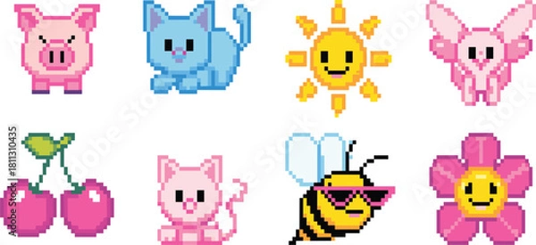 Fototapeta Set of eight cute kawaii pixel art icons, pig, cat, sun, butterfly, cherry, bee, flower, isolated vector game assets