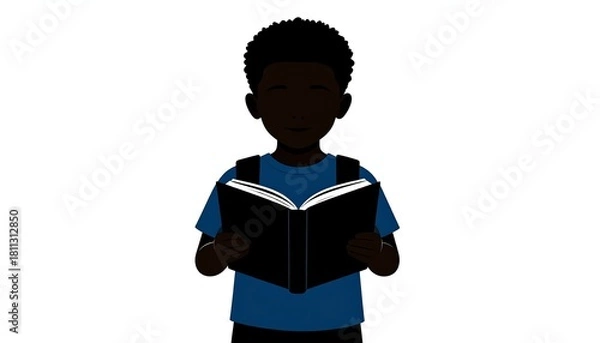 Fototapeta Child reads open book wearing backpack.