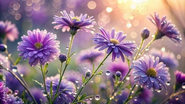 Obraz Gentle evening mist surrounds delicate purple flowers as soft dew gently falls upon them