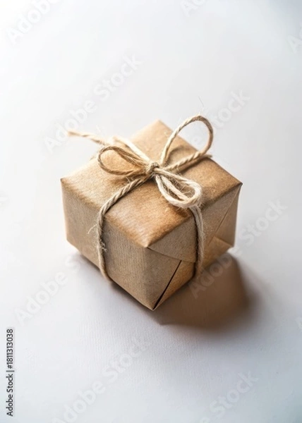 Obraz Small square brown gift box with twine tied neatly on a clean white surface